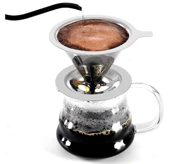 Stainless Steel Double Mesh Filter Coffee Dripper Reusable Pour Over Coffee Maker With Rubber Ring