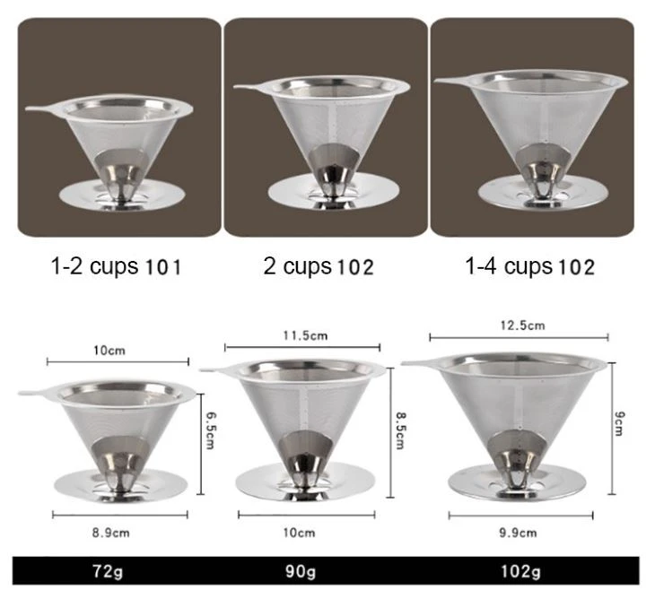 Stainless Steel Double Mesh Filter Coffee Dripper Reusable Pour Over Coffee Maker With Rubber Ring